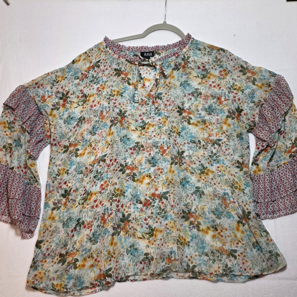 a.n.a‎ A New Approach Floral Ruffle Bell Sleeve Blouse XL Multi-Color Sheer Top